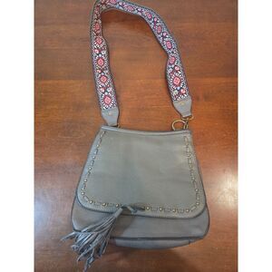 ​Ampère Grey Boho Tassel Crossbody Bag Wide Floral Strap Studded Vegan Leather
